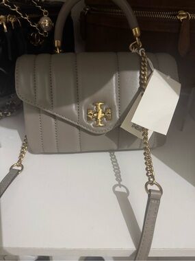 Tory Burch Quilted Taupe Leather Crossbody with Gold Logo